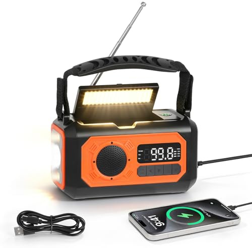 PopuLike 12000mAh Wind Up Emergency Radio for Home Outdoor Camping, Orange | Solar Wind Up Radio with LCD Display SOS Alarm Reading Lamp, Hand Crank Radio with USB Charger Torch Headphone Jack