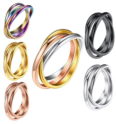 JAJAFOOK 6PCS 1.5mm Trinity Rolling Interlocked Rings Set Hypoallergenic Stainless Steel Triple Band Stackable Rings Sensory Fidget Jewelry, 13