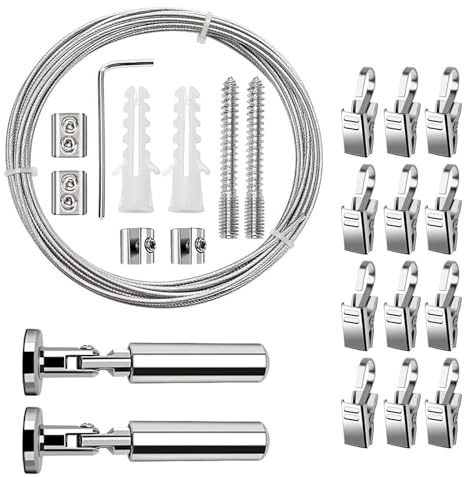 HingtTraum Kit Cavo in Acciaio 5m con 12 Ganci, Filo Tenda in Acciaio Inox, Cavo Tenditore per Tende, Foto, Bucato, Finestra e Decorazione