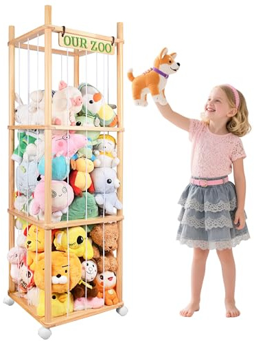 SHWWQUE Stuffed Animal Holder with Wheels Wooden Stuffed Animal Storage 54 Stuffed Animal Organizer Space Saving Plushies Storage with Elastic Band Large Capacity Stuffy Storage for Playroom Bedroom