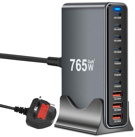 765W USB C Charging Station Hub 10‑Port GaN III PD140W, 100W, 65W, 30W Multiport USB Fast Charger Block (7 USB‑C & 3 USB‑A) USBC Laptop Charger Compatible with MacBook, iPh0ne, i-Pad, Galaxy S24/S23