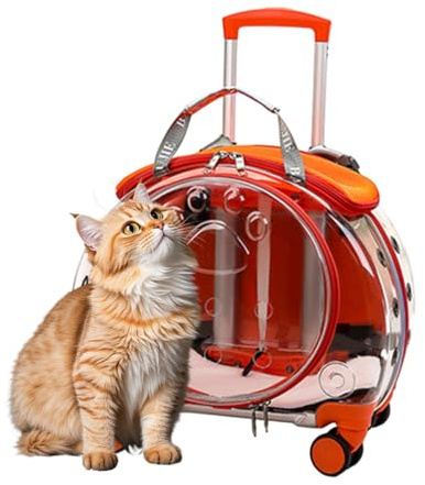 ulafbwur Haustier Rucksäcke Katzenrucksack mit Rollen – Transparenter und atmungsaktiver Trolley für Katzen und kleine Hunde – Klare Belüftungsfenster, Katzen Transport Box (Orange)