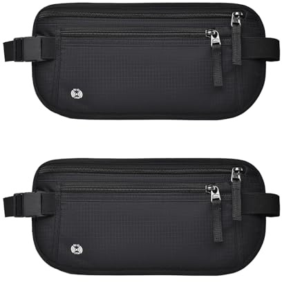2 PCS Money Belts for Travel Hidden Men, RFID Blocking Secure Money Belts, 2 Compartment Money Belt for Women Fits Passport & Phone to Protect Valuables (Black)