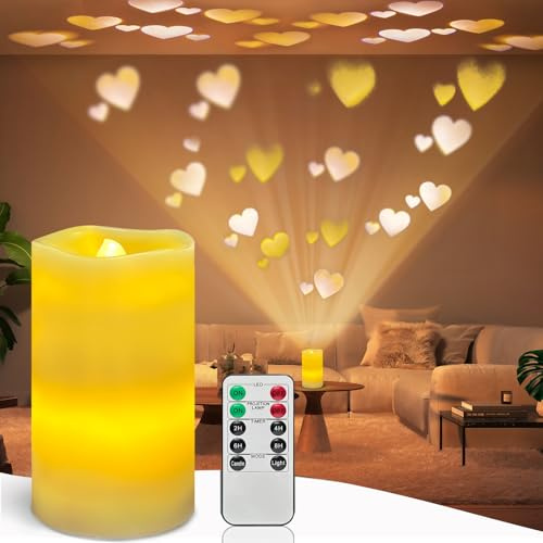 Flameless Candle Heart Projector Light,Valentines Day Decorations Candles Lamp with Romantic Red Heart Projector Lights, LED Candle with Remote and Timer for Girl Women Mom (White-Heart)