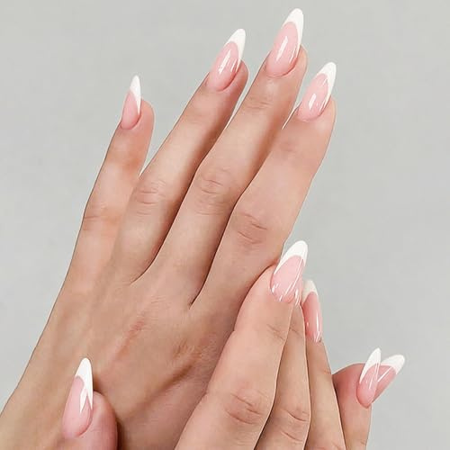 24 Stück Mandel French Press On Nägel - Glänzend Rosa Weiß Falsche Nägel - Französisch Nägel mit Mandeln - Wiederverwendbare Künstliche Fingernägel - Vollcover Fake Nails für Frauen(French)