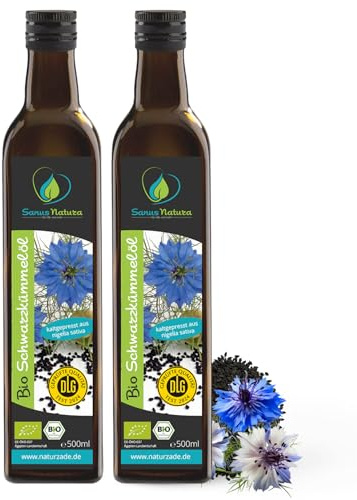 Sanus Natura Bio Schwarzkümmelöl 1000 ml (2x 500ml) ungefiltert, hoher Thymochinongehalt, kaltgepresst & naturrein ohne Zusätze, direkt vom Hersteller