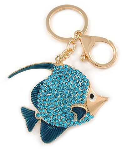 Avalaya Azure Blue Crystal, Teal Enamel Fish Keyring/Bag Charm In Gold Tone Metal - 11cm L