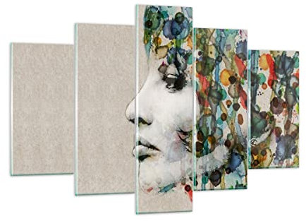 Mehrteilige Bilder auf Glas 150x100cm Glasbild Gesicht Frau Groß XXL Wanddeko Bild im Glas Schlafzimmer Küche Set 5 teilige Wandbilder Dekoration Wohnzimmer Modern Wand Kunstdruck Art GEA150x100-3533