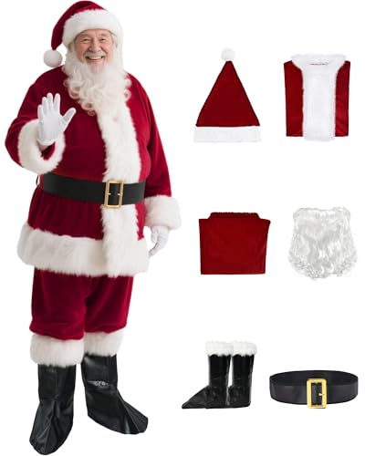 KLLOUZE Santa Claus Costume for Men 6PCS Deluxe Santa Suit Adults Men Santa Outfit Christmas Cosplay Costume