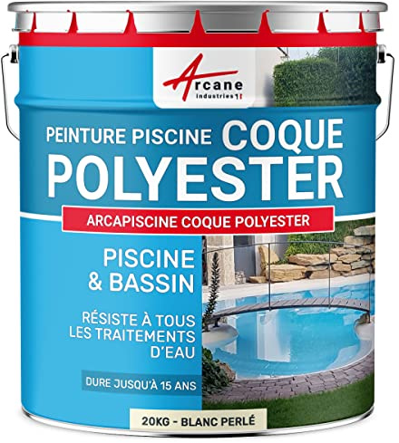 Peinture Piscine Coque Polyester et Béton 20 kg Blanc Perlé | Hydrofuge, Résiste aux Uv, Ne Jaunit Pas, Piscine Coque Polyester, Gelcoat, Béton et Ciment - Arcane Industries