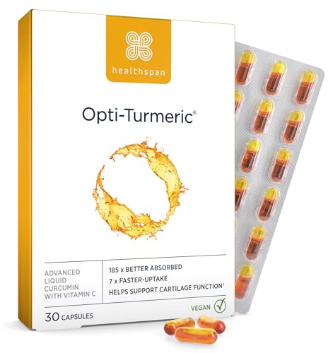 Healthspan Opti-Turmeric | hochfestes flüssiges Curcumin mit 500 mg | unterstützt Knorpelbildung | Superfood | 185-mal besser absorbiert und 7 mal schneller als Standard-Kurkuma | Vegan (30 Kapseln)