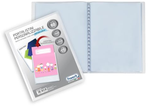 Favorit Portalistino con Buste Fisse e Tasca Frontale Personalizzabile per Fogli 60 Buste, A5, Trasparente