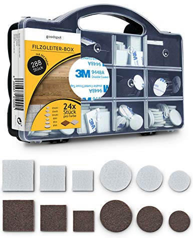 goodspot Filzgleiter selbstklebend mit 3M Kleber - 288 Stück in praktischer Box - rund, eckig, Dunkelbraun, weiß - Möbelgleiter mit Klebefolie Stuhl Filzgleiter