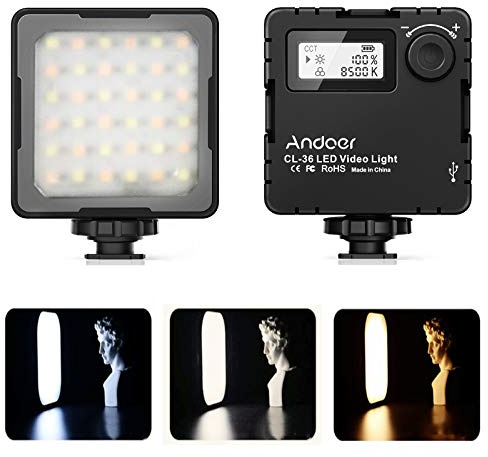 CL-36 LED-videobelysning, Andoer kameralampa uppladdningsbar med 2 000 mAh batteri, 2 800 K-8 500 K dimbar bärbar ljusfotografering med 3 kalla skor LCD-skärm för filmning Youtube DSLR-videokamera