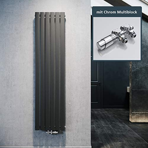 ELEGANTE Termoarredo Design Flat 1800 x 462 mm con Termostato Multiblocco Cromato, Radiatore Piatto Singolo Strato Verticale Attacco Centrale