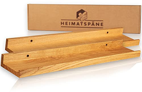 Heimatspäne 2er-Set Bilderleiste Holz 60cm – Echtes Eichenholz, freischwebende Regalbretter inkl. Schraubenabdeckung aus Echtholz – handgemachtes Wandregal, Holzregal Eiche massiv