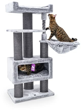 Petrebels Kratzbaum große Katzen, Platzsparend, Parklane 131 cm, Grau | sehr stabil, Ø 12 und Ø 15 cm dicke Stämme, mit XL Hängematte, Schlafhöhle, Loungesofa, dicke Bodenplatte, für mehrere Katzen