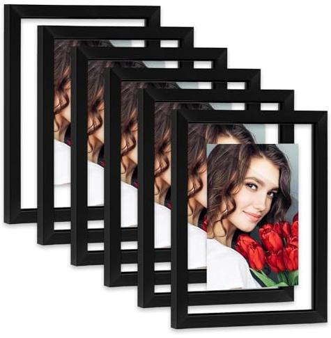 LBECUA Floating Picture Frames Set of 6, 8x10 Floating Frame with Double Glass for 4x6, 5x7 or Full Display 8x10 Photo, Desktop or Wall Hanging, Black