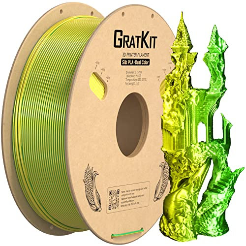 GratKit Dual Color Silk PLA Filament 1,75mm 1kg Spule, Zweifarbiges 3D-Drucker Filament mit +/-0,03mm Präzision, Einfach zu drucken, Gelb Und Grün