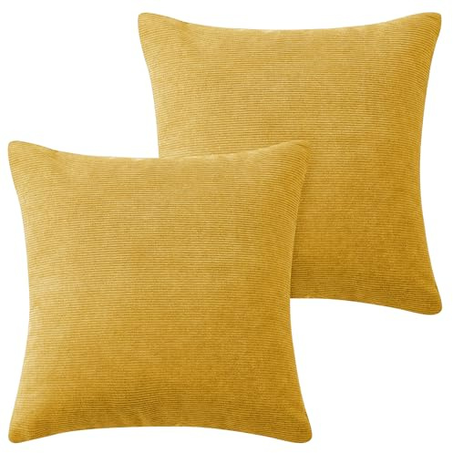 Hafaa Cushions with Covers Included 45 x 45 Cm Pack of 2 (2 Ochre Cushion Covers, 2 Cushion Inserts) - Stripe Velvet Square Throw Pillow Case Decorative Sofa Cushion with Invisible Zipper