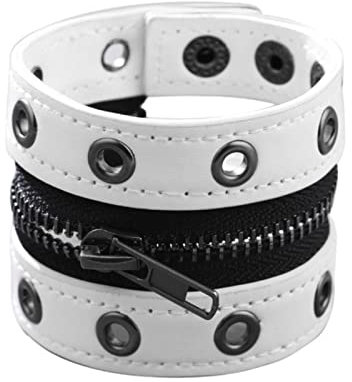CABULE Klassisches Herren-Lederarmband, Punk, schwarz, Reißverschluss, Nieten, breite Wickelarmbänder für Männer und Frauen, Armbänder, Zubehör, Schmuck, Geschenke - weiß