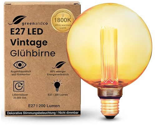 greenandco Vintage Design LED Birne zur Stimmungsbeleuchtung | E27 G125 | gold | 4W 200lm | 1800K extra warmweiß | 320° | 230V | flimmerfrei | nicht dimmbar | Edison Glühbirne