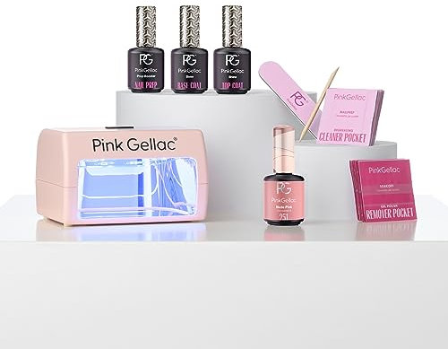 Pink Gellac Gel Nägel Set - UV Gelnägel Starterset mit Mini UV Lampe Rosa, 1x Rosa Farbe 15 ml, Top Coat Gel, Base Coat, Entferner & Cleaner - Nägel Selber Machen in Salonqualität