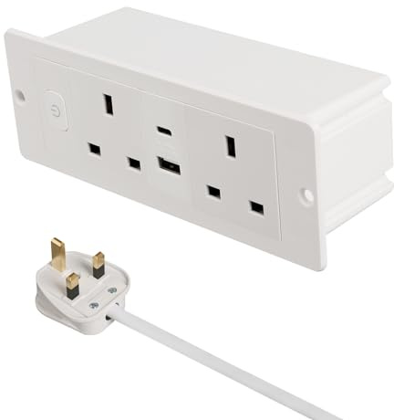 Desktop socket, Desktop Power Socket with USB, Recessed Multifunctional Desktop Socket, 2AC+USB A+C with 1.8 m Cable and Switch (White)