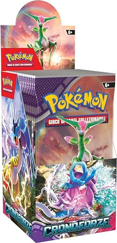 Display mit Booster-Packs aus der Erweiterung Scharlachrot und Violett – Chronoforze des TCG Pokémon (18 Erweiterungspackungen), italienische Ausgabe, Amazon Exclusive