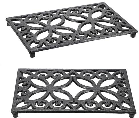SUMTree 2pcs Rectangle Cast Iron Trivet, Decorative Heavy Duty Hot Pot Holder Mat, Vintage Four-leaf Clover Pattern Cast Iron Trivet with Rubber Pegs for Kitchen Dining Table