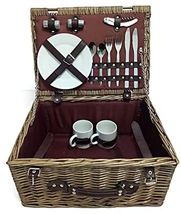 HAVVMK Picknickkorb aus Weide für 2 Personen, Picknickkorb aus Korbgeflecht für den Außenbereich, Picknickkorb mit Keramiktellern, Geschirr, Kaffeetasse und Flaschenöffner. Für Camping, A