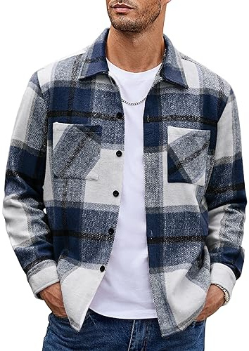 Coofandy - Camicia da uomo in flanella a quadri, a maniche lunghe, stile casual, con colletto abbottonato, con tasca sul petto, camicia da uomo per l'inverno, Blu, L