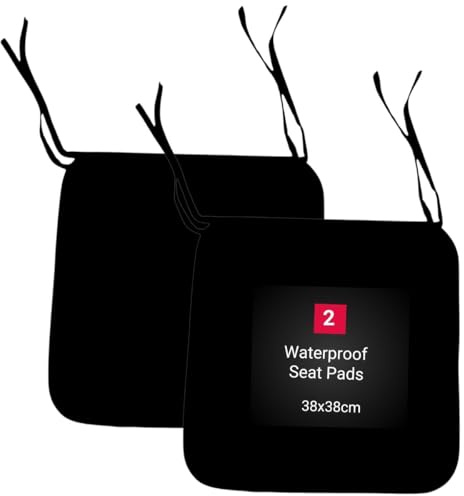 KARKARM Waterproof Chair Cushion Seat Pads Set of 2 Black, 38x38cm - Outdoor Garden Chair Seat Pads Tie on - Indoor Dining Chair Seat Pads for Home Office Kitchen Patio