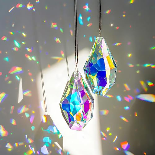 H&D HYALINE & DORA Set of 2 Crystal Sun Catcher Prisms 3.5 AB Colored Hanging Crystals for Window Rainbow Maker Prisms for Home Garden Decor