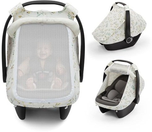 Blissful Diary Baby Autositzbezug, extra großes Netzfenster, atmungsaktive Musselin-Baumwolle, winddichter Baldachin für Säuglinge – botanisches Blatt