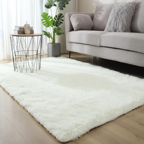 CHENMIAO Shaggy Hochflor Teppich 90 x 200 cm Super Soft, Flauschige Moderne rutschfest Shaggy Hochflor Waschbar, Anti-Rutsch Unterseite für Schlafzimmer Kinderzimmer, Weiß