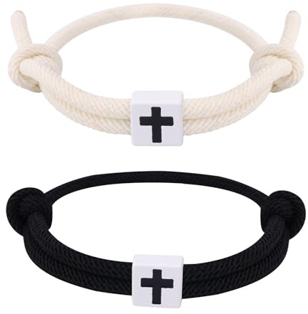 2pcs Braided Cross Bracelet for Men, Adjustable Christian Religious Bracelet Jesus Cross Rope with Knot Handmade String Gift for Men Women