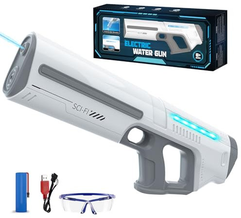 Skirfy Pistola de agua eléctrica para niños y adultos, juguete de pulverización a pilas con tanque, alcance de 9 m, luz LED, absorción automática de agua, juego al aire libre