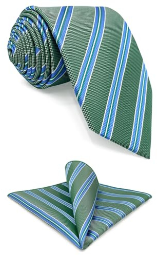 S&W SHLAX&WING Set de Corbata y Pañuelo de Bolsillo Rayado Verde Azul para Fiesta Boda Tejido Mediana 147cm