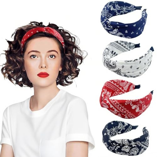 4 Stück Breit Stirnbänd Paisley, Haarreifen Damen, Haarbänder mit Knoten | Kopfband Vintage, Rockabilly Turban, Elastisch Haarbänder, Rutschfest Haarschmuck, Haar-Accessoires für Mädchen