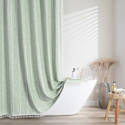 meioro randigt duschdraperi boho bondgård duschdraperier, linne vävt tyg textil duschdraperi set med 12 krokar, vattentät rustik böhmisk duschdraperi för badrum (grön, 183 x 213 cm)