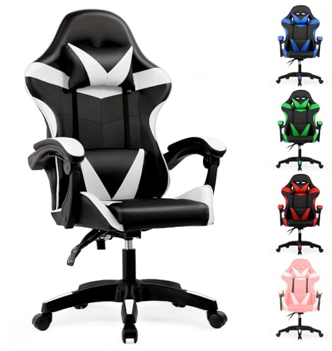 Lishetimig Computer Gaming Chair, Racing Desk Chair with Lumbar Support, PU Leather Gamer Chair with Headrest and Swivel Wheels for Home, Office or E-sports Playroom(White)
