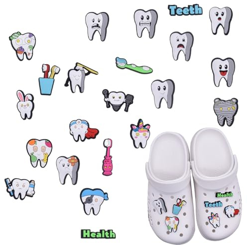 Xyvona 24 Stück Schuh Charms, Zahn Pins Anstecker for Croc, Cartoon Zähne Schuhanhänger Karikatur Pins Anstecker für Clogs DIY Dekorationen