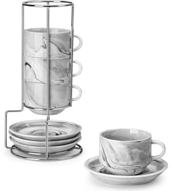 MALACASA Porcelain Espresso Cups Set of 4, with Saucers and Metal Stand, 2.5 Ounce Stackable Cappuccino Cups, Expresso Shots Cup Ceramic Demitasse Mugs, Marble Gray