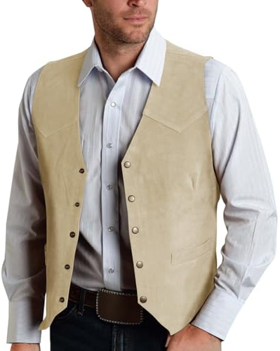 Oanviso Homme Gilet De Costume Gilets en Daim Veste Style Cowboy Western Vintage Soiree Formelle Vestes sans Manches Coupe Ajustée pour Mariage A Champagne XL