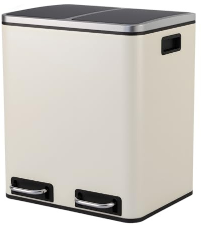 Panana Stainless SteelKitchen Waste System,Recycling Pedal Bin with Double Compartments,2x15L Double Bin for Recycling and Waste with 2Pedal (Beige, 30L)