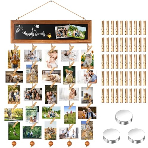 Dengthrive Bilderrahmen mit Klammern und Leine fotowand mit klammern | Fotovorhang mit 50 Holzklammern Klein 3 Neodym Magnete Magnetische Kreidetafel DIY Bilderrahmen Collage Karbonisiertes