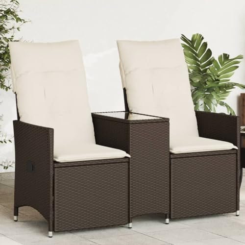 QJBSAVVA 2-Sitzer Gartensofa mit Tisch 130x90x78 cm Braun Poly Rattan verstellbar mit Kissen Modernes Lounge Design für Balkon Terrasse Garten