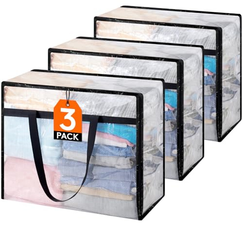 Lifewit Bolsas de Almacenaje de Ropa 40L en PP, Organizador de Armario Plegable Transparente con Asas Reforzadas, Cajas de Mudanza para Mantas, Edredones y Juguetes, 3 Piezas