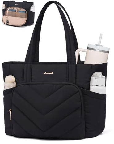 LOVEVOOK Shopper Tasche Handtasche Damen Groß, Leicht Puffer Arbeitstasche mit großem Wasserflaschenfach, 17,3 Zoll Laptoptasche Tote Bag, Lehrertasch Handbags Women für Uni Business Schule, Schwarz